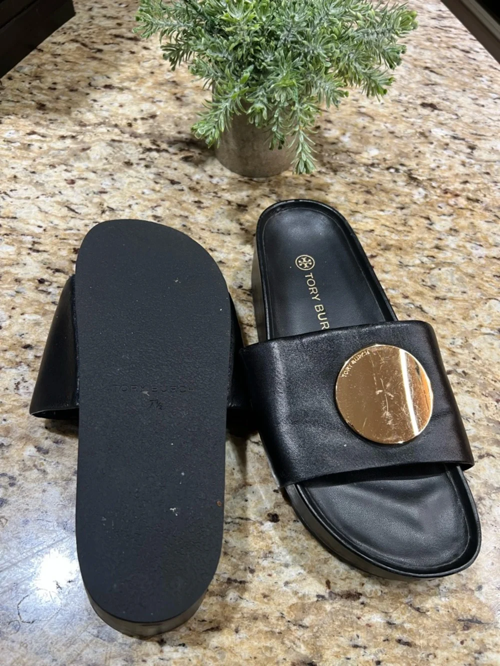 Tory Burch Black Leather Platform Slide with Gold Medallion 7.5M